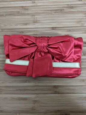 Felix Rey Red Satin Clutch – Bow Detail, Leopard Interior, Like New